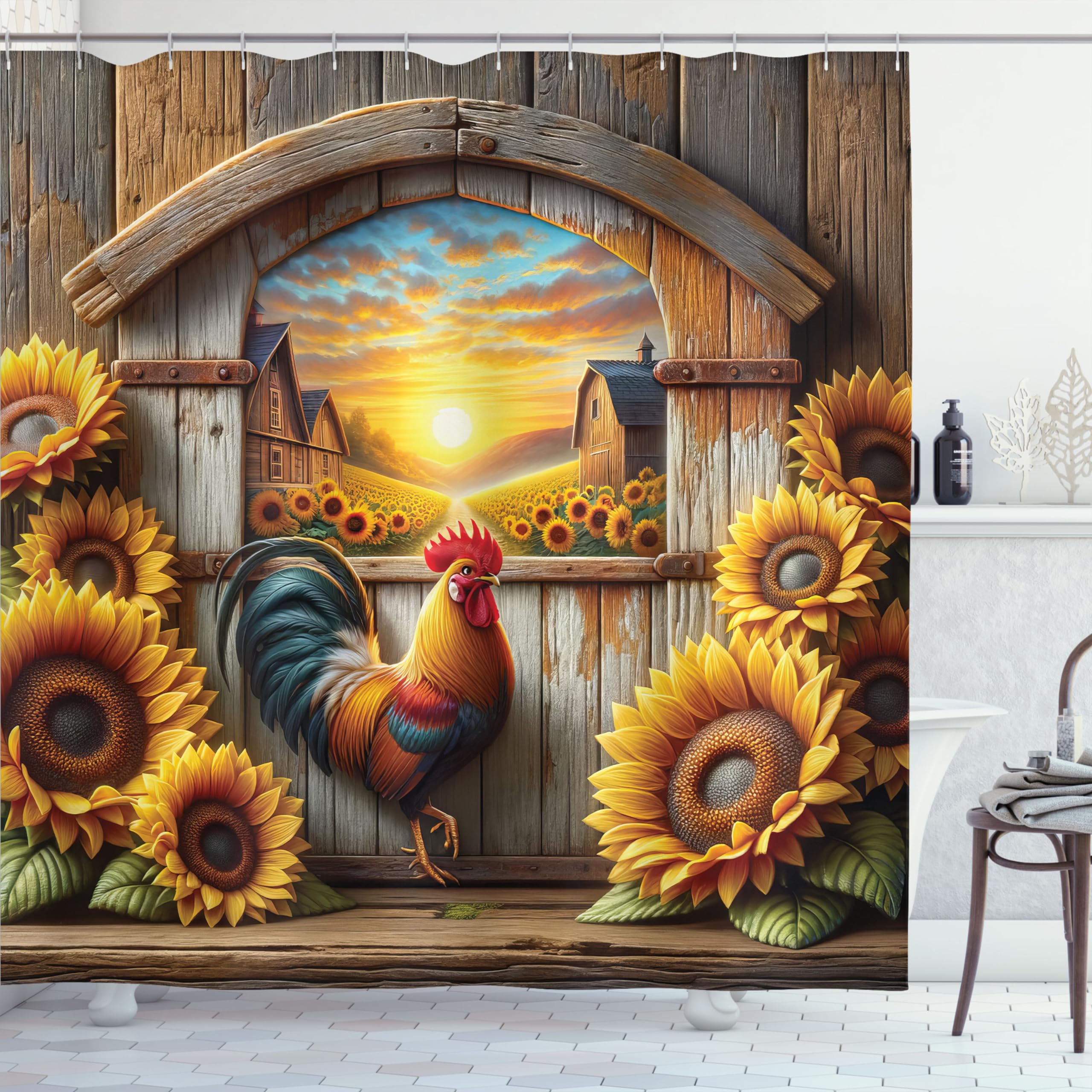 Ambesonne Rustic Shower Curtain, Farmland Sunset With Rooster And Blooming Sunflowers Weathered Barn, Cloth Fabric Bathroom Deco
